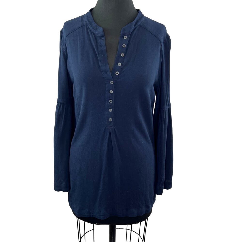 FREE PEOPLE Navy Blue Easy Girl Long Bell Sleeve Button Up Peasant Top Shirt M
